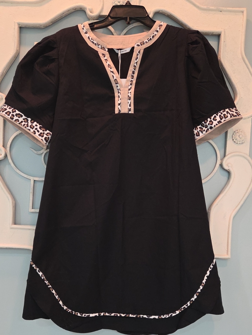 Black Tunic Dress with Leopard Trim (Z47)